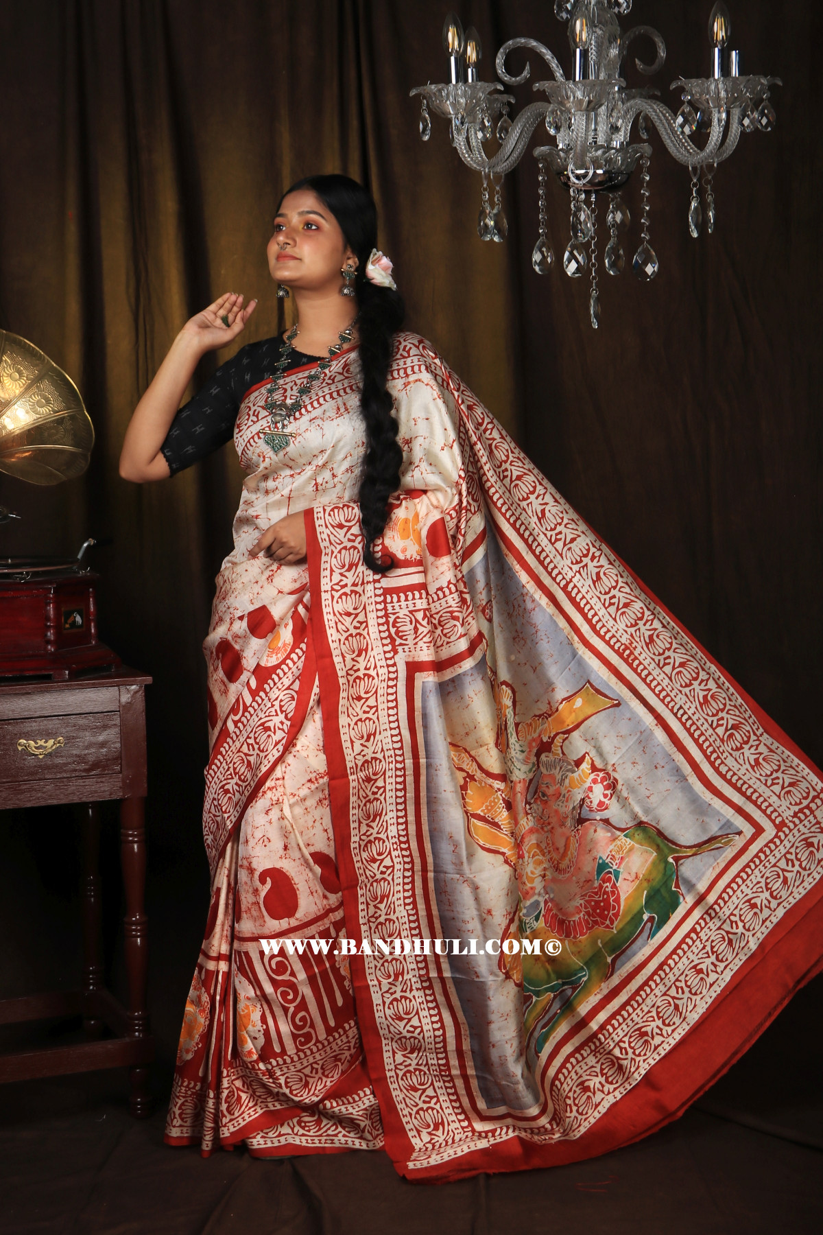 Maa Durga Hand Batik Mulberry Silk Saree